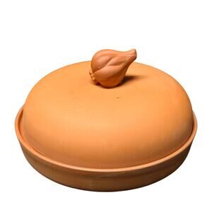 Vintage Ceramic Terra Cotta Garlic Roaster Baker Glazed Plate Dome 7"